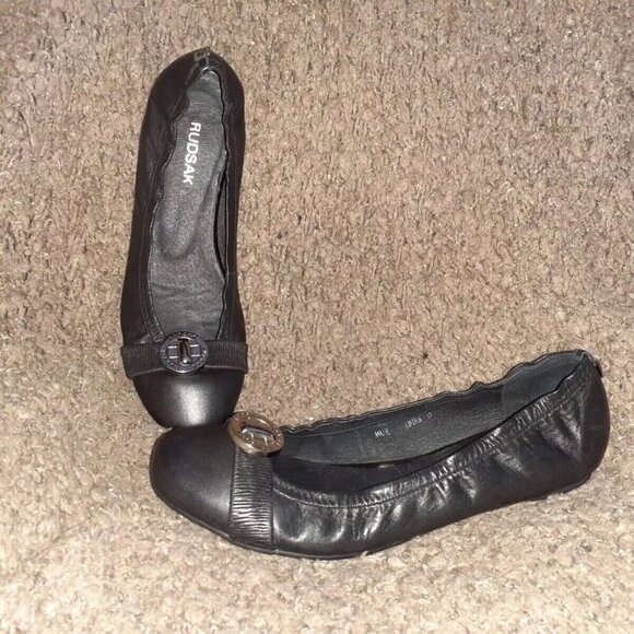 RUDSAK-Canadian Luxury-Soft Black Leather-Silver Logo-Ballet Flat-Sz37-Near Mint - Picture 1 of 7